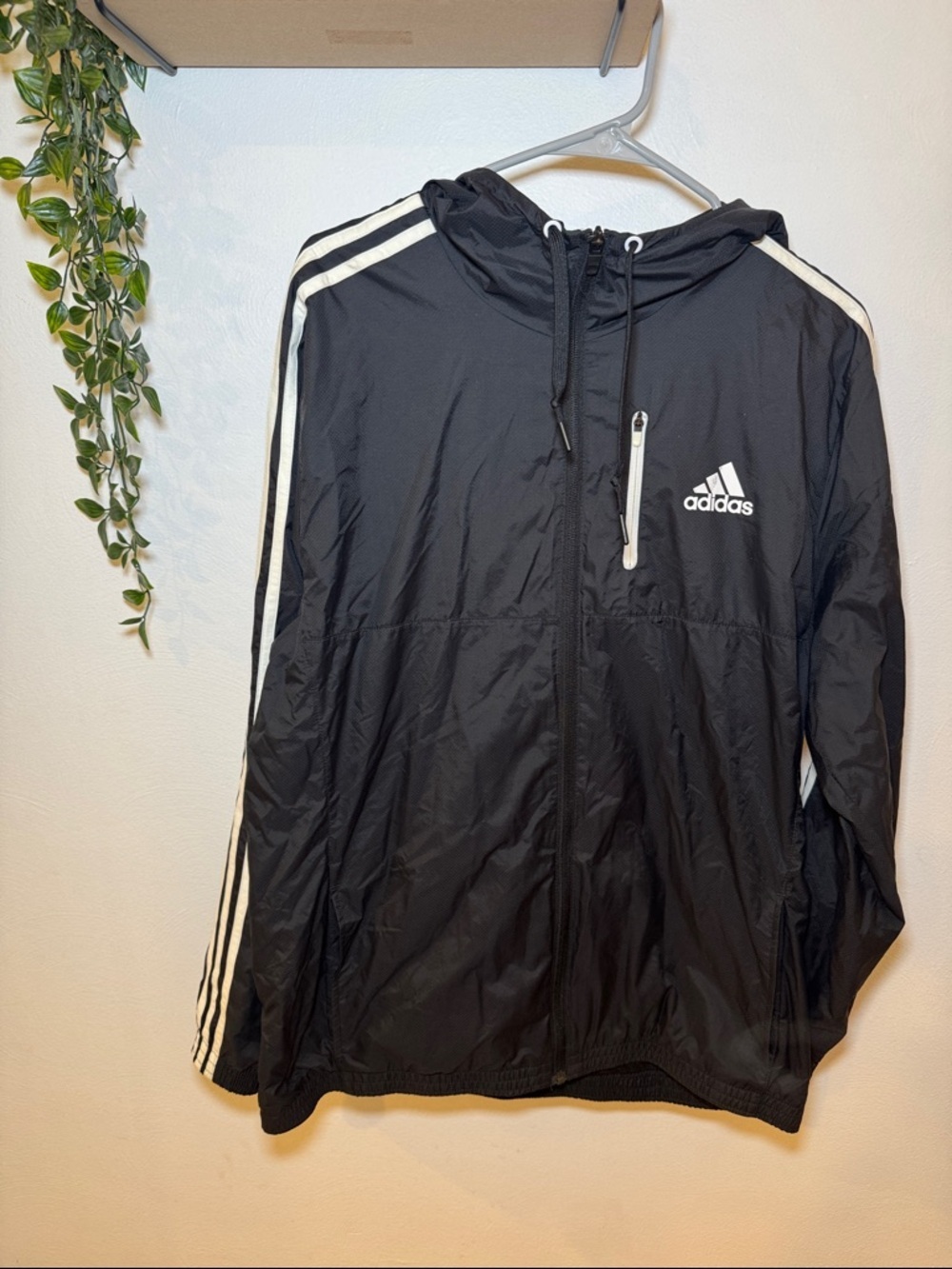 adidas Black Hooded Windbreaker with White Stripes and Logo